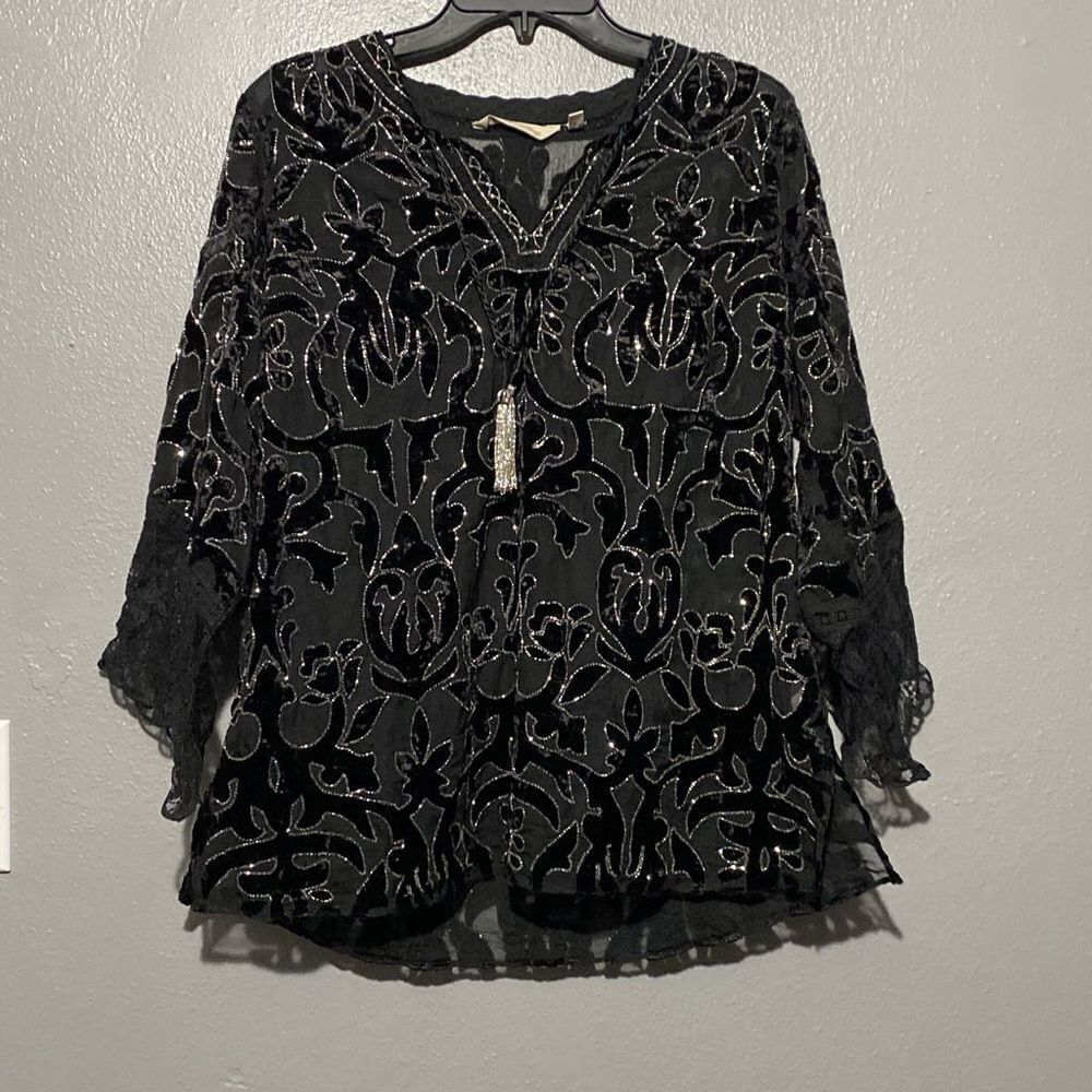 Soft Sorroundings Black and Silver Paisley Long Sleeve Tunic Top Medium Petite